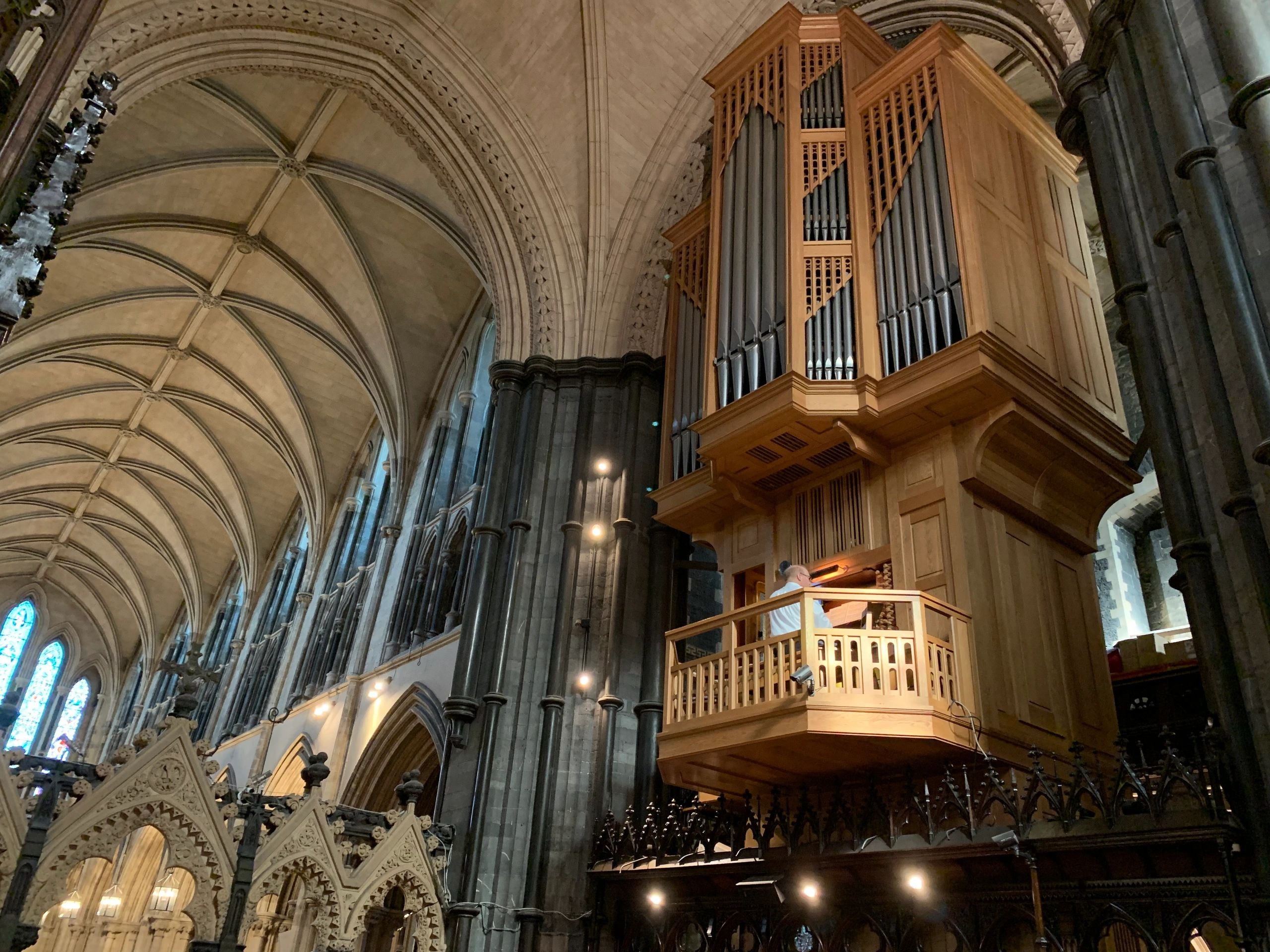 Gothic cathedral organ with vaulted ceiling interior